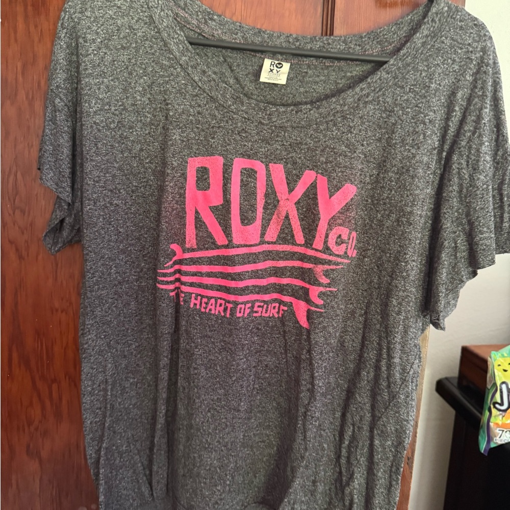 Roxy Pink Logo Gray Relaxed Tee